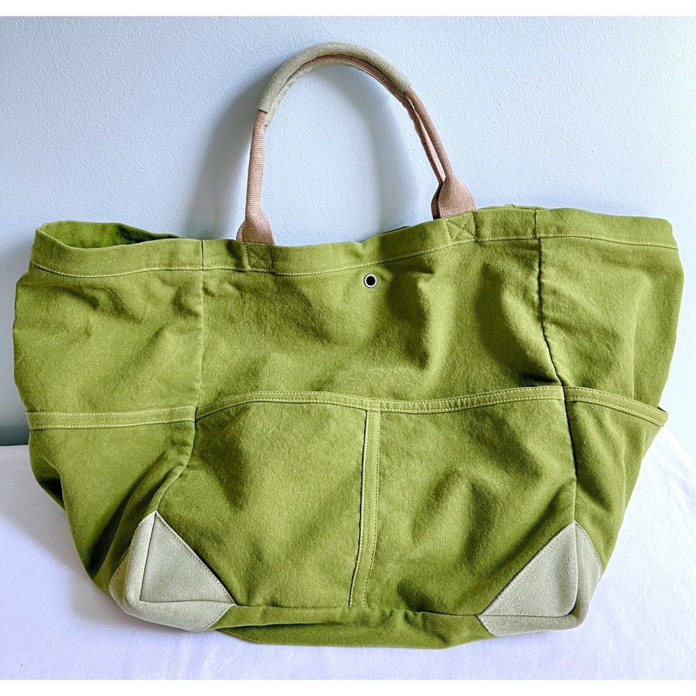 Travaux En Cours Medium Canvas Weekend Tote Bag Green Suede Trim French Utility